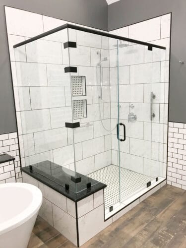 bathroom remodel with basketweave tile in shower