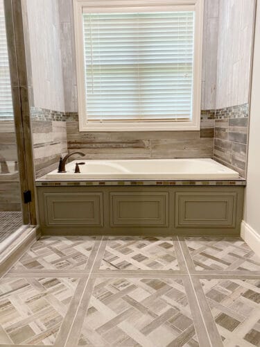 bathroom remodel with rustic tile tub surround