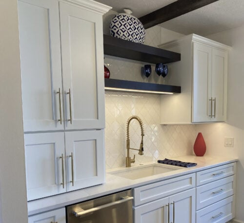kitchen remodel with lighted floating shelves
