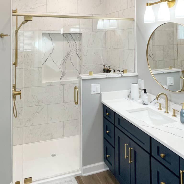 bathroom remodel with quartz in shower niche