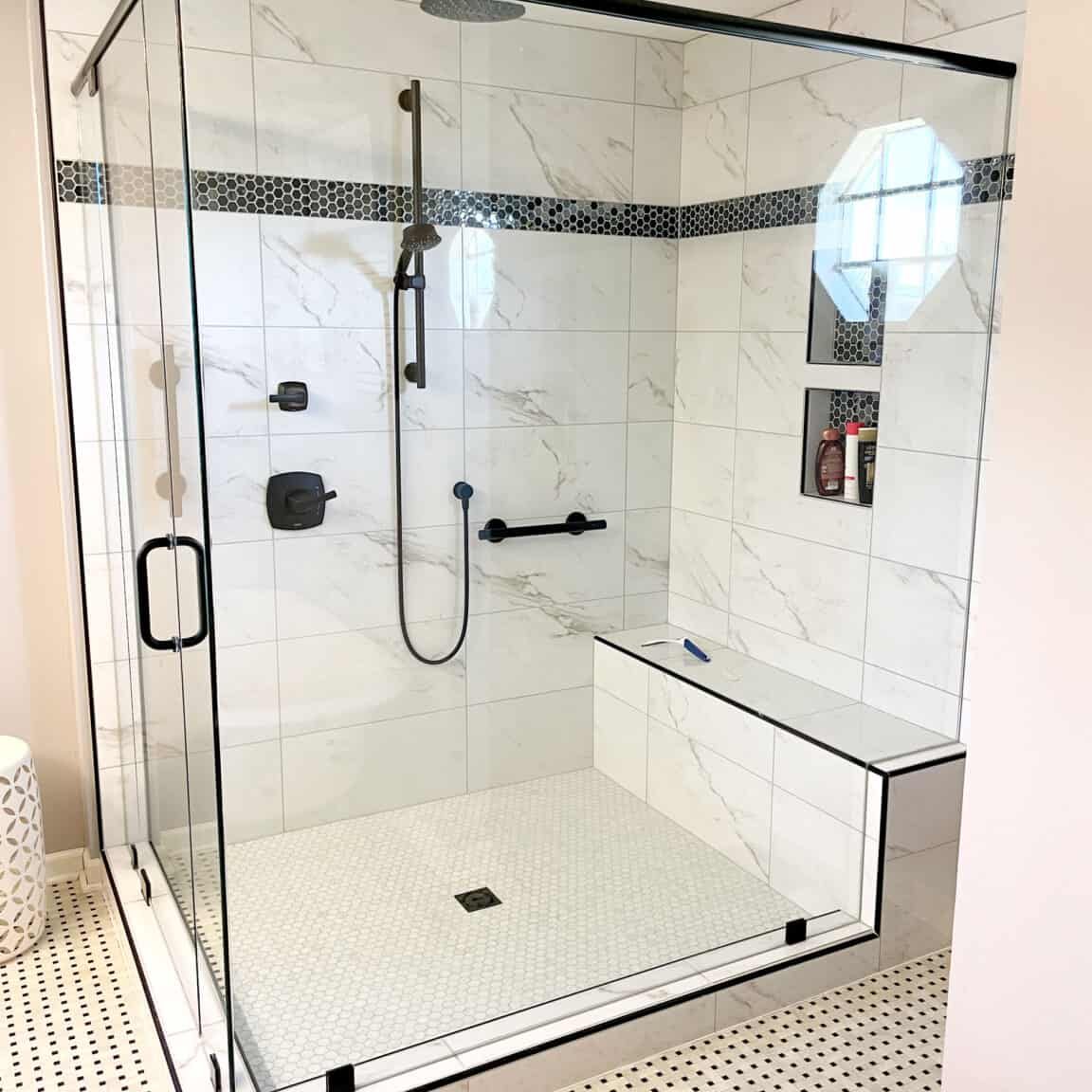gladeville bathroom remodel with large walk in shower and black fixtures
