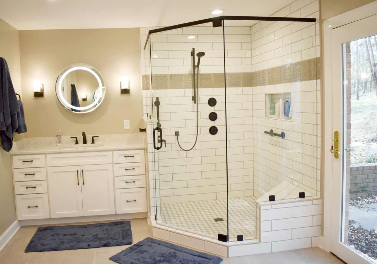 gladeville bathroom remodel with neo angle shower, bench, body sprays