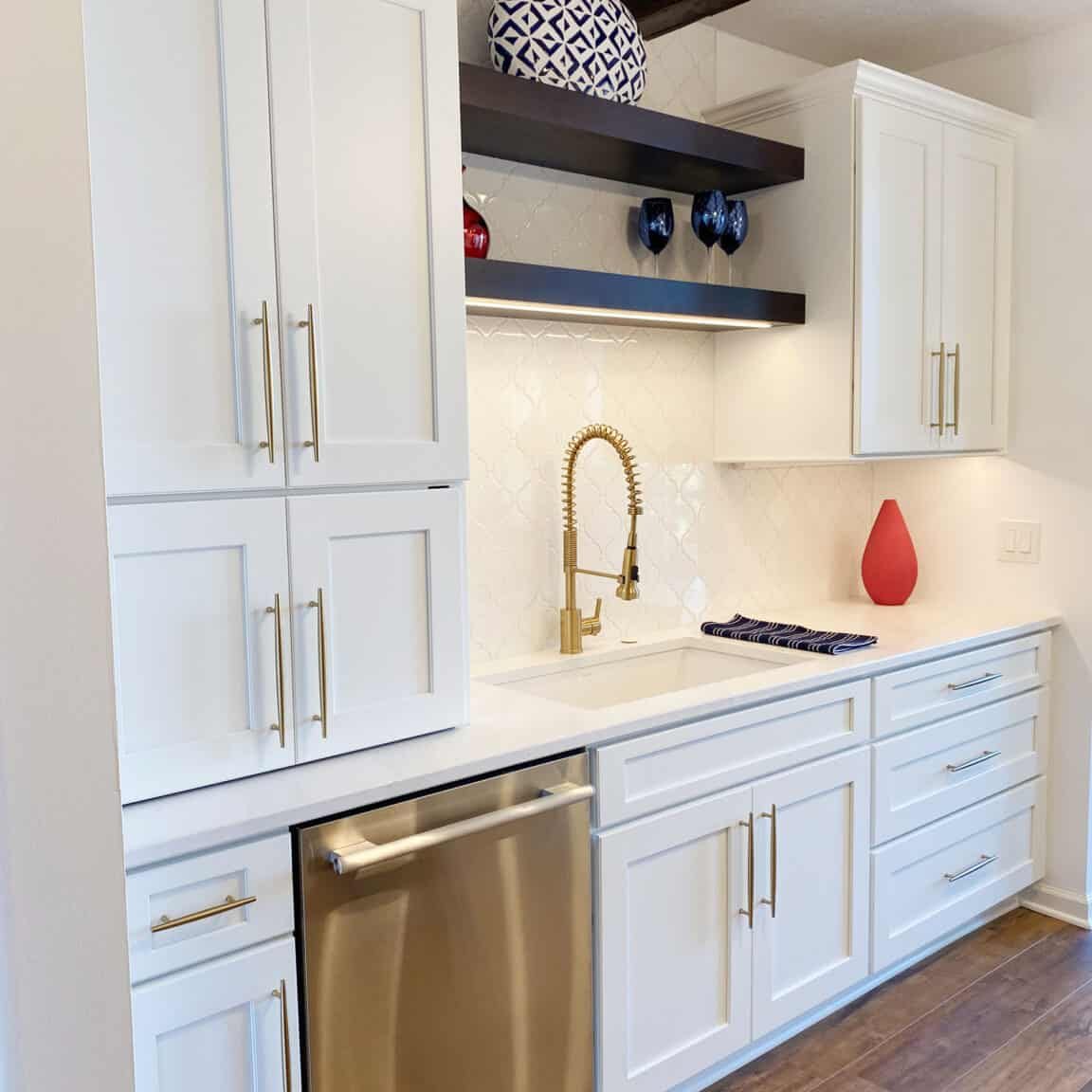 kitchen remodel with lighted floating shelves