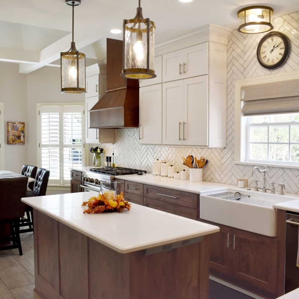 lebanon kitchen remodel herringbone tile backsplash apron sink wood hood