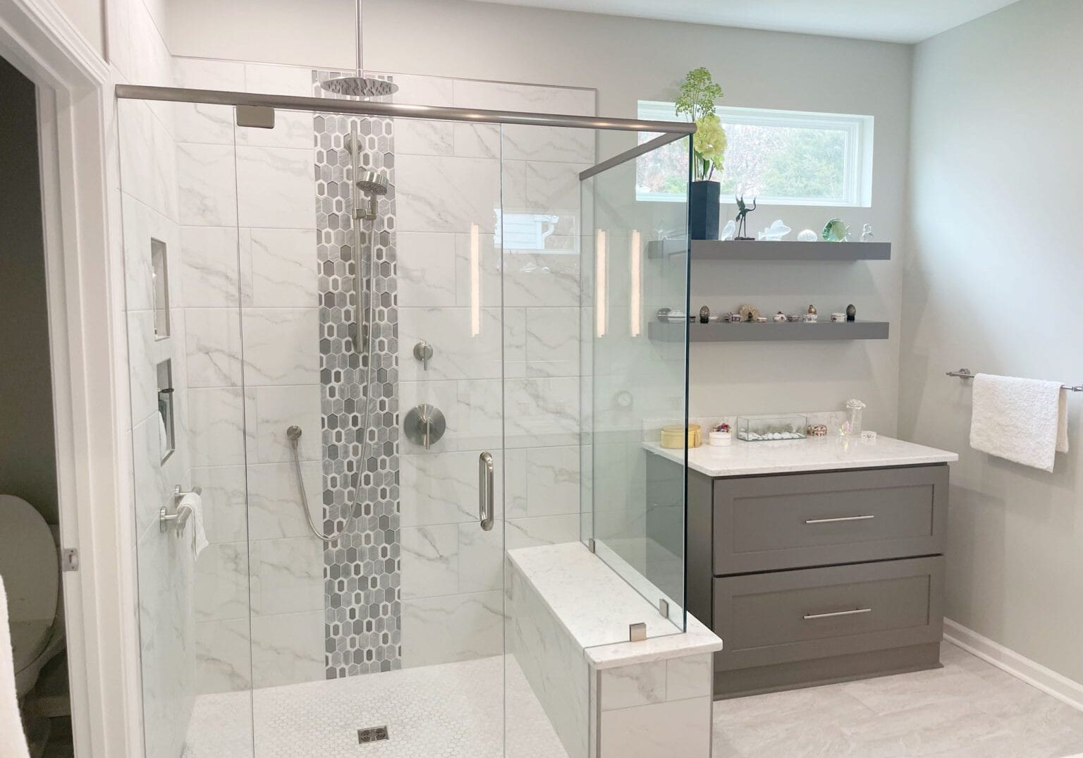 mt juliet bathroom remodel with hex accent tile and floating shelves