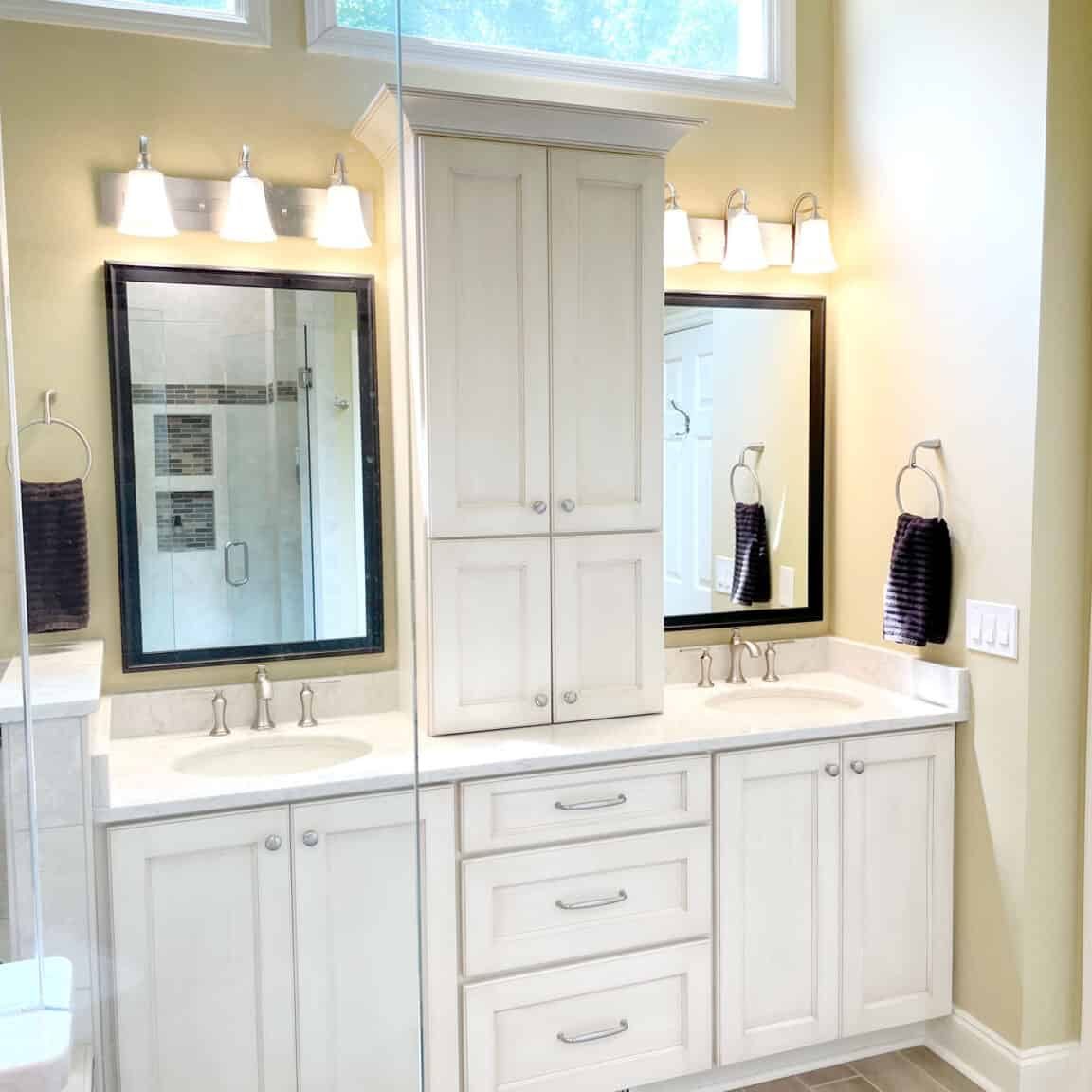 old hickory bathroom remodel with countertop tower cabinet